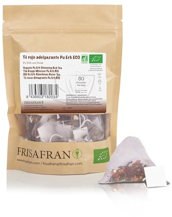 FRISAFRAN | Bio Pu Erh Roter Tee Pyramiden 30Ein | 60g | Abnehmen | Diuretikum | Verdauungs | Entgiftung | Fatburner | Tee abgießen | Tee in Beuteln | roter Pu-Erh-Tee | Aufguss ohne Zusatzstoffe