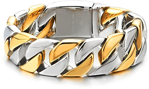 COOLSTEELANDBEYOND Große 22CM Maskulinen Stil Edelstahl Silber und Gold Panzerkette Herren Armband