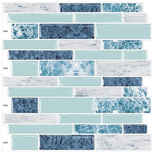 DEWOO 3D Peel and Stick on Wall Tiles Self Adhesive Sticky Splashback Strip for Kitchen,Blue 10-Sheet (12x 12)