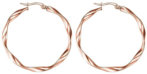 day.berlin Damen Creolen Celio in Rosegold 18k vergoldet, 35mm Durchmesser, gedrehte Ohrringe 2mm stark, 316L Edelstahl nickelfrei & wasserfest