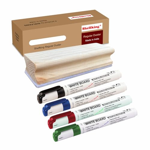 SHELFKING Set di spolverini e pennarelli in legno per lavagna bianca e lavagna, 1 nero + 1 blu + 1 rosso + 1 pennarello verde, non magnetico di alta qualità, con pennarello per lavagna bianca