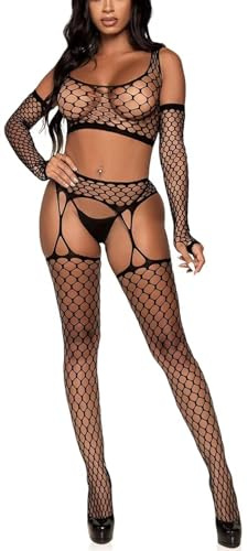 Bommi Fairy Damen Jumpsuit Outfit Netz Einteiler Sexy Frauen Fischnetz Kleid Dessous Nachthemden Chemise Nachtwäsche Handsocken + Top + Hosenträger Mesh-Socken (Schwarz)