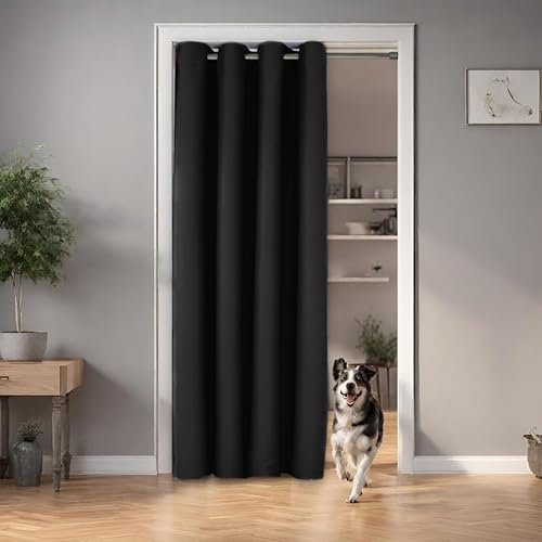 tinycurtains Türvorhang mit Teleskopstange, einfache Montage in nur 1 Minute ohne Bohren (Türvorhang schwarz + Klemmstange Silber - Vorhang 210 x 150 cm (HxB) + Stange 70-120 cm)