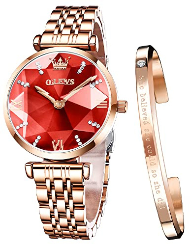 OLEVS Damenuhren Roségold Diamant Kleines Gesicht Edelstahlarmband Analoge Quarz Armbanduhren mit Kalender Leuchtend Wasserdicht Armreif Geschenke Set