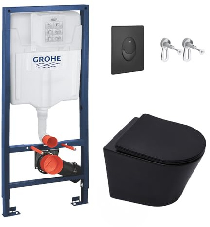 Hänge WC Sitz Mit Absenkautomatik - Rapid SL Trägergestell, Infinitio-WC ohne mattschwarzen Rand, Softclose-Sitz, mattschwarze Platte, Vorwandelement Anschluss Set, Kloschüssel, Komplettset, für Gäste
