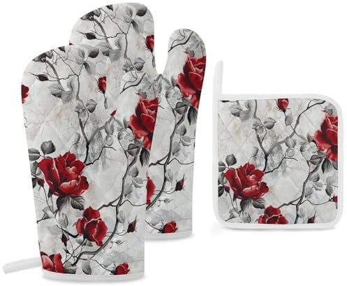Lot de 3 gants de cuisine et maniques résistants à la chaleur Motif fleurs rouges et roses