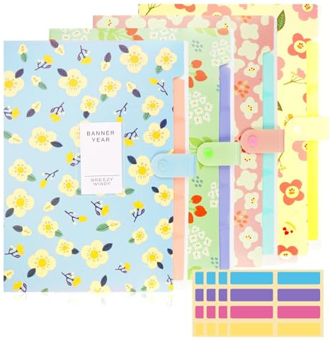File Organiser, Folder for Paperwork with Tabs, A4 Expanding File Folders | Accordion Document Folder with 6 Pockets, Floral Printed Plastic Folders for Office, Business Trip, Home (4 Pack )