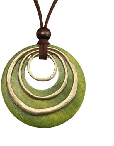 COOLLA Womens Multilayer Pendant Necklaces Vintage Jewelry Fashion Long Sweater Necklace for Woman (wooden circle-green Bronze)
