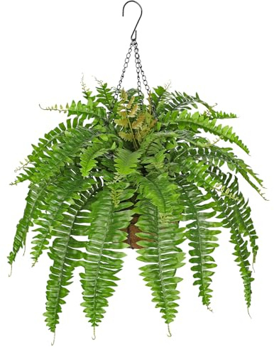 Briful 17.7 Hanging Plants Artificial Boston Fern with Palm Pot Hanging Basket, Fake Fern Leaves Like Real Decorative Artificial Plants for Porch Living Room Garden Decor