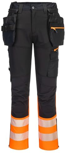 Portwest DX457 DX4 Hi Vis Class 1 Detachable Holster Pocket Craft Work Trousers With Titanmill Pro Four Way Stretch Fabric, Pre Bent Adjustable Knee Pad Pockets, Texpel Stain Eco Finish, Triple Stitch