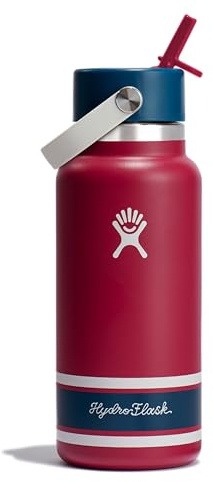 Hydro Flask Water Bottle - Insulated Stainless Steel - Wide Mouth Flex Straw Lid, Non Spill, Leakproof and Refillable in 32 Oz Campus Red