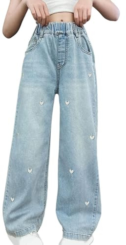 Girls Heart Jeans Kids Baggy Jeans Cute Embroidery Pattern Light Blue Elasticated Waist Teens Denim Cargo Trousers Wide Leg Girl Hip Hop Pants Vintage Casual Spring Summer Joggers (Blue, 11-12 Years)
