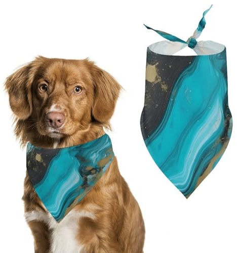 Hundehalstuch, dreieckig, waschbar, Polyester, niedliches Haustier-Bandana für mittelgroße und große Hunde, Welpen und Katzen, Türkis / Blau / Gold