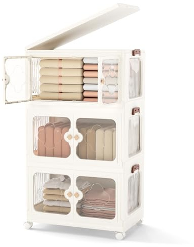 COSTWAY Boîte Rangement Plastique 159 L, 3 Caisses Pliables avec Couvercles, 4 Roulettes, Boite de Rangement Empilable pour Vêtement, Livres, Jouets, Poignée, Porte Magnétique, Montage Facile (159 L)