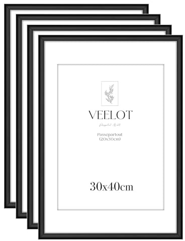 Veelot® 4x Bilderrahmen 30x40cm | Metall Aluminium,Schwarz mat | Passepartout 20x30cm,Picture Frame 30x40 Bilderrahmen mit bruchsicherem Acrylglas | Nur zur Wandmontage