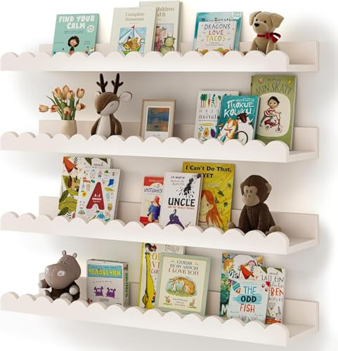 KALDJKS Wandregal Kinderzimmer, 60cm, Massivholz, für Bücher, Spielzeug, Dekoration, Wand-Bücherregal, Hängeregal, Weiß, 4er-Set