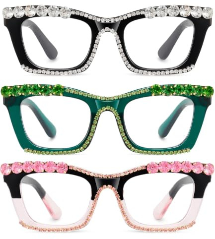 Hubeye Retro Lesebrille für Damen Übergröße Anti-Blaulicht-Computerlesegerät Katzenauge Rahmen Modische Damenbrille (Schwarz+Grün+Rosa, 2.00)