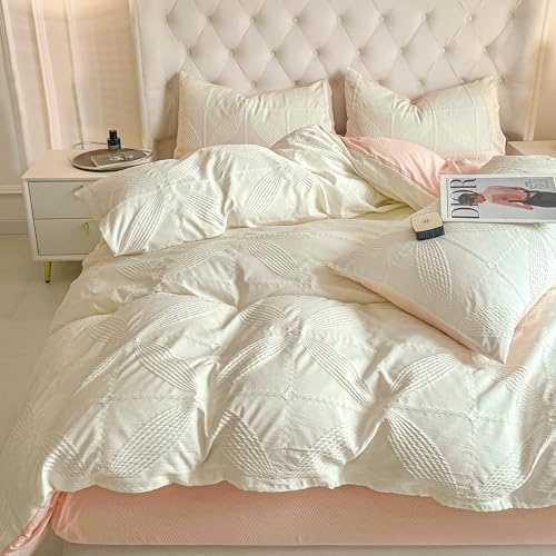 Double Duvet Cover Set White Pink Textured Quilt Bedding Set, Four-Leaf Clover Flower Pattern 3 Pieces Reversible Duvet Cover for All Season