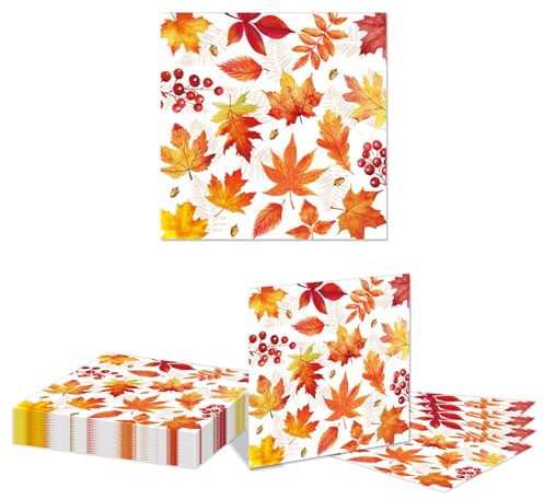 Kotkiddy 48 Piezas Servilletas de Papel para Acción de Gracias y otoño con Hojas de Arce, servilletas Desechables para Almuerzo y Cena Festiva