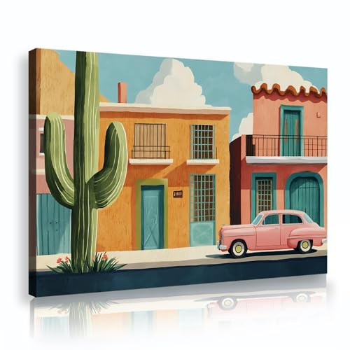 Póster lienzo colorido dibujos animados Desierto Gobi Paisaje urbano Arte pared Pared cactus gigante Decoración del hogar Impresión para dormitorio comedor lavadero 70x105cm Marco interior