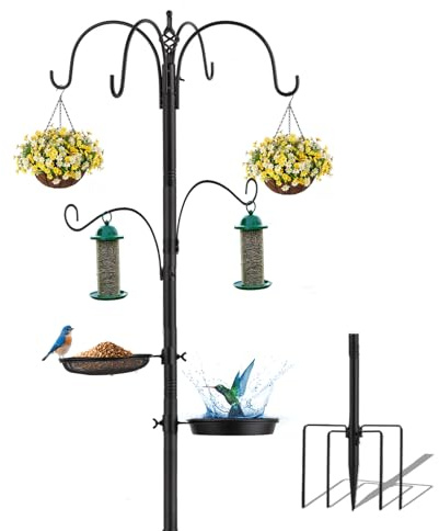 InstyQ 6-Hook Bird Feeding Station Kit,103 Inch Heavy Duty Shepherds Hooks for Outdoor,Adjustable Height Bird Feeder Pole with Mental Tray and Water Bowl,Attracting Wildbirds