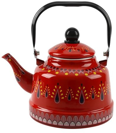 Bouilloire sifflante en émail Rouge, Chauffe-Eau Rapide avec poignée Ergonomique pour gaz, Induction, électrique, décoration de Cuisine de Ferme (1,1 L)