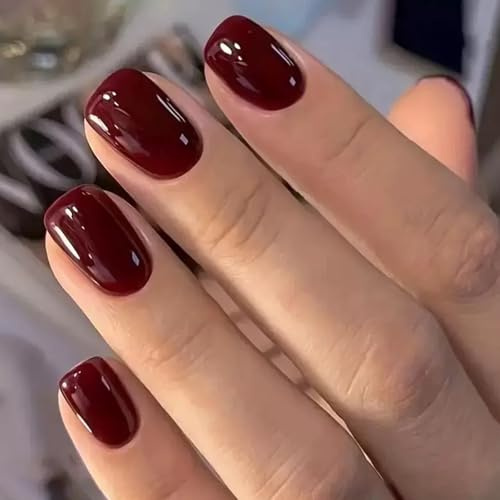 Viugex 24 Pièces Rouge Vin Press on Nails, Français Faux Ongles Autocollants Court Carrés, Artificiel Acryliques Couverture Complète Ongles à Coller, Couleur Unie Capsule Ongle pour Femmes et Filles
