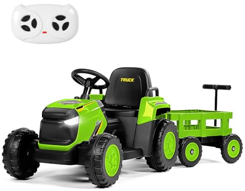 Electric Tractor and Trailer for Kids, 12V Ride on Cars with Remote Control, LED Lights, USB & Bluetooth Music and Horn, Battery Powered Ride-ons Tractor for Boy, Girls Age 3+ (Green)
