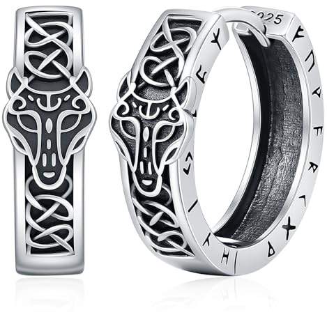 Unisex Creolen Wikinger Ohrringe für Herren 925 Sterling Silber Viking Rune/Thor Hammer/Raben/Keltisch Knoten Creolen Schwarze Ohrringe Geschenke Schmuck für Herren Damen