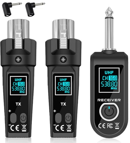 Drahtloses XLR Mikrofon Sender Empfänger, 2.4GHz 1 zu 2 UHF Kabelloses Sender/Empfänger für dynamische & Kondensatormikrofonen, Audio-Mixer, 50m, Funkmikrofon-Adapter für PA-Systeme, Gesang & Reden