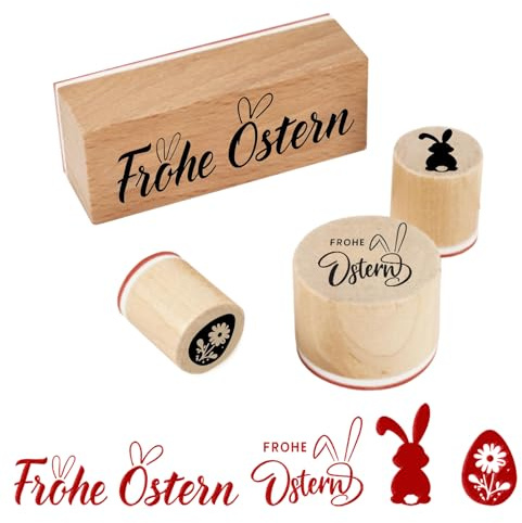 4er Set Stempel Frohe Ostern, hochwertige Holz Motivstempel mit Osterhase und Eier Stempel Designs, ideal für Karten, Scrapbooking und DIY Osterdekoration