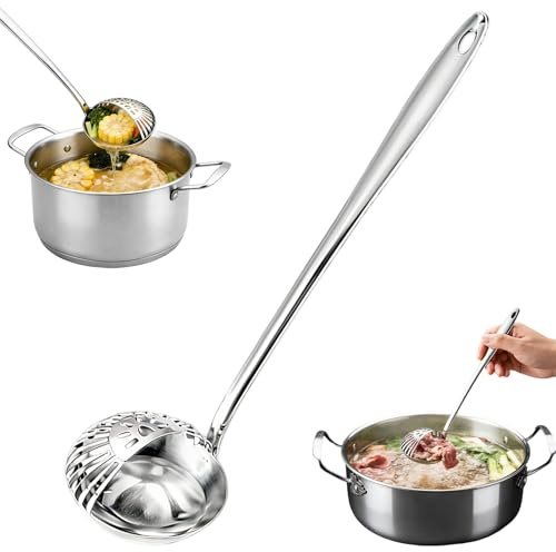 Cucharón de sopa 2 en 1 de acero inoxidable con colador, paquete de 2 cucharas de metal para cocinar olla caliente (plateado)