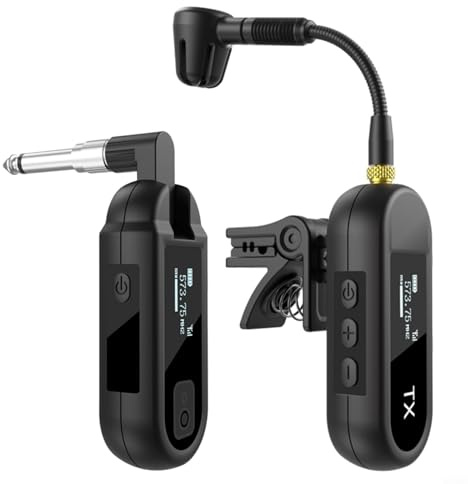 Vibsky Sistema de micrófono inalámbrico con clip para saxofón y trompeta, tecnología UHF con ecualizador preestablecido, duración de la batería 8H, transmisión de 100 pies (1 a 1)