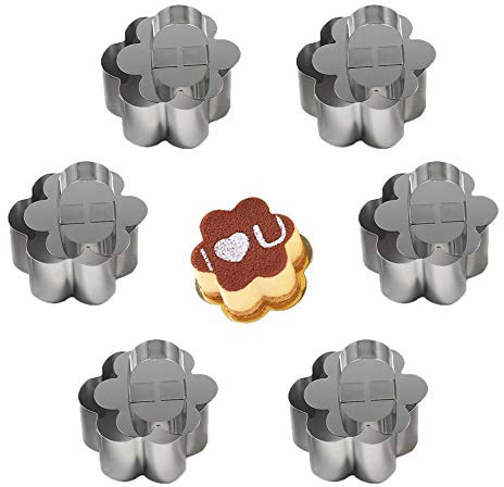 Suneast 6 Stück Edelstahl Tortenring Set Dessertringe Kuchen Ring mit Stampfe BurgerRinge für Mousse und Gebäck - Blume