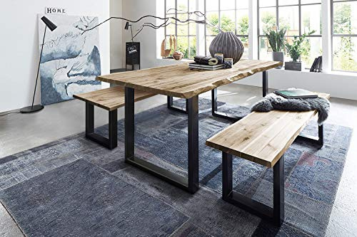 SAM 3 TLG. Essgruppe Quintus, Baumkantentisch 140x80 cm & -Bank 140x42 cm, Akazienholz massiv, naturfarben, U-Gestell Schwarz