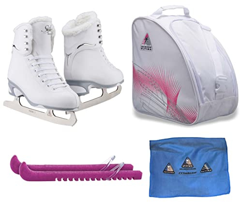 Jackson Ultima Finesse JS184 Figure Ice Skates Bundle with Skate Guards, Skating Bag, Towel/Color:Fleece+Pink/Width: Medium/Size: Toddler 10 (Kid's)