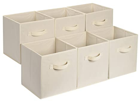 Amazon Basics zusammenklappbarer Aufbewahrungswürfel/Organizer aus Stoff mit Griffen, 33 cm x 33 cm x 33 cm, Beige, 6 Stück, Einfarbig Beige