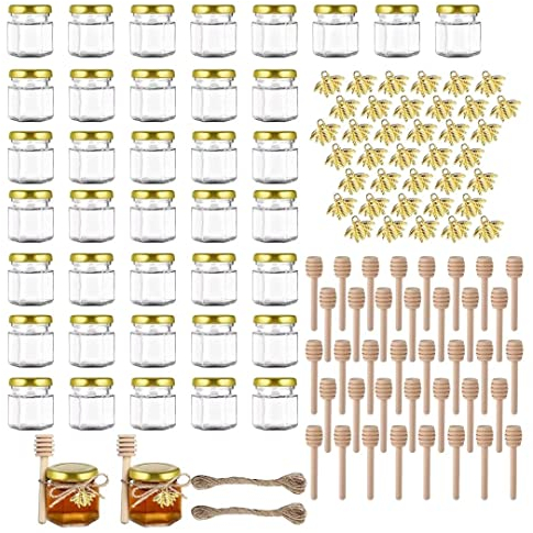 GIVAMEIHF Lot de 40 mini pots à miel hexagonaux en verre de 42,5 g avec cuillère pour fête prénatale, mariage, cadeaux de fête