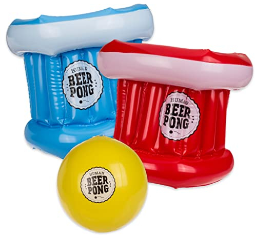 MIJOMA Trinkspiel menschliches Bierpong Beer Pong Spiel mit 2 aufblasbare Hüte 1 Ball zum Aufblasen, Partyspiel Aperitif, Spiel, Gartenparty, Hausparty