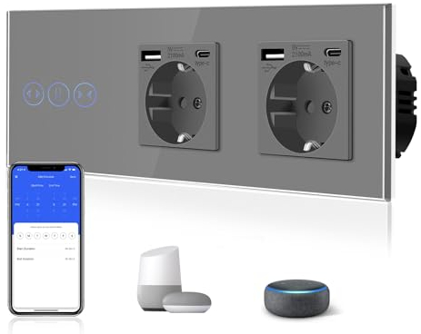 BSEED WiFi Smart Alexa Touch Vorhangschalter + Doppelt 3 in 1 Steckdose mit 2.1 A USB Ladeleistung + Type C Adapter，Google Home Tuya Kompatibel, Glas Jalousien Schalter (Neutralleiter Benötigt) Grau