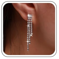 Aneneiceera Vintage Crystal Chandeliers Earrings Silver Tennis Chain Earring Long Rhinestone Dangle Earring Cz Paved Chain Tassel Earrings Wedding Chandelier Statement Earrings Jewelry for Women (Short)
