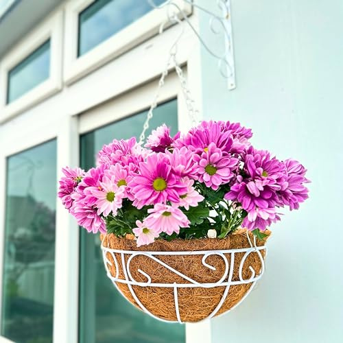 LaLaGreen Hanging Planter for Outdoor Plants (4 Pack, 14 Inch) White Hanging Baskets with Coco Liner, Metal Wire Flower Basket Pots with Hook Hanger Balcony Porch Farmhouse Country Style Garden Decor