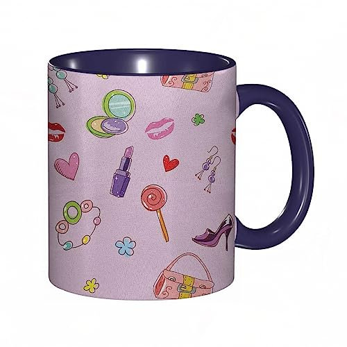 RFSHOP Kaffeetasse Mädchen Illustration mit und Make-up Lollipop Blumen 325 ml Keramik Teetasse mit Griff für Home Office Weihnachten Geburtstag