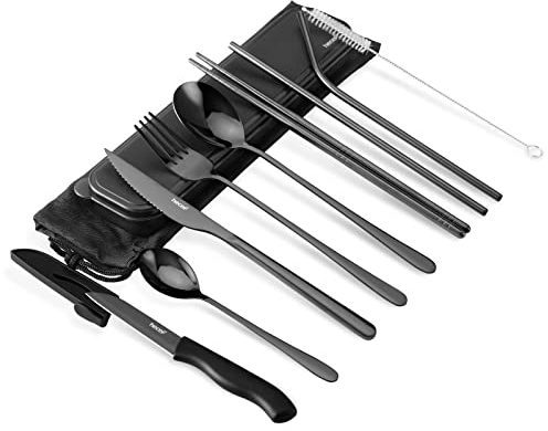 hecef Couvert de Camping, Set Couverts de Table 10 pièces avec Boite a Couvert Pique Nique, Réutilisables Acier Inoxydable, Couverts lunch box pour Voyage, École, Bureau (Noir-box)