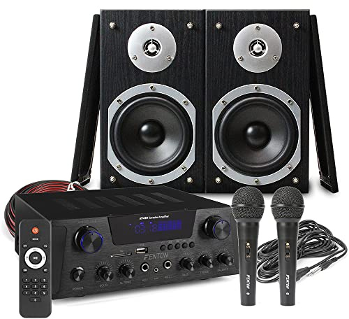 Fenton Home Karaoke Machine Kit with Bluetooth AV430B Amplifier, Bookshelf Speakers & Two Wired Microphones – Complete Adults Karaoke Setup for Home Parties