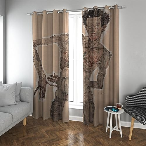 PARREN Egon Schiele Stil Waschbarer Vorhang für Schlafzimmer Schlafsaal Büro Selbstporträt Körper Bedruckte Malerei Thermovorhänge für Winter 2 Stück 200x260cm