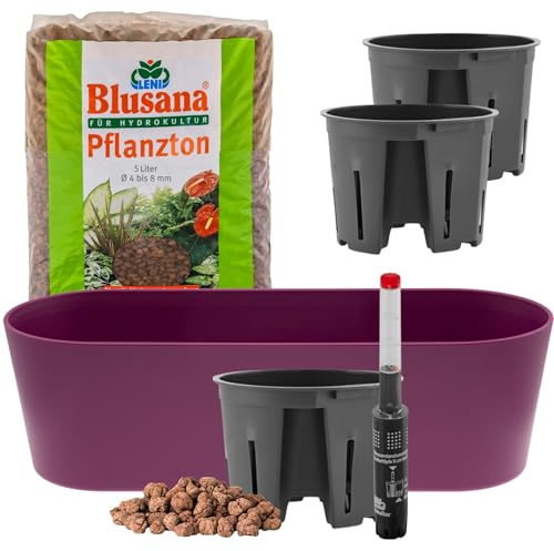 Leni Flori Jardiniere Blumentopf Dunkelflieder/lila länglich 36 cm Hydrokultur-Komplett-Set mit Übertopf Hydro-Töpfen Wasserstandsanzeiger & Pflanzton