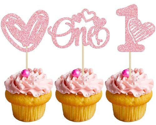 Gyufise 24Pcs Happy Valentine's Day First Birthday Cupcake Toppers Valentine One Cake Toppers Baby Shower Heart One Cupcake Picks for Valentine Theme Boys Girls Birthday Party Supplies Pink