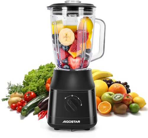 Aigostar 800W Jug Blender & Smoothie Maker - 1.5L Heat-Resistant Glass Blender with 4 Titanium-Plated Blades - Powerful Ice Crusher for Shakes, Smoothies & Soups - 2 Speeds & Pulse, BPA-Free