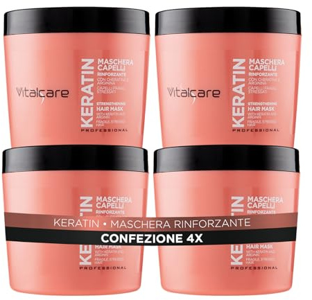 Vitalcare | Keratin – Stärkende Haarmaske, für brüchiges und strapaziertes Haar, mit Keratin und Arginin, für kräftigeres und weicheres Haar, 4 x 500 ml